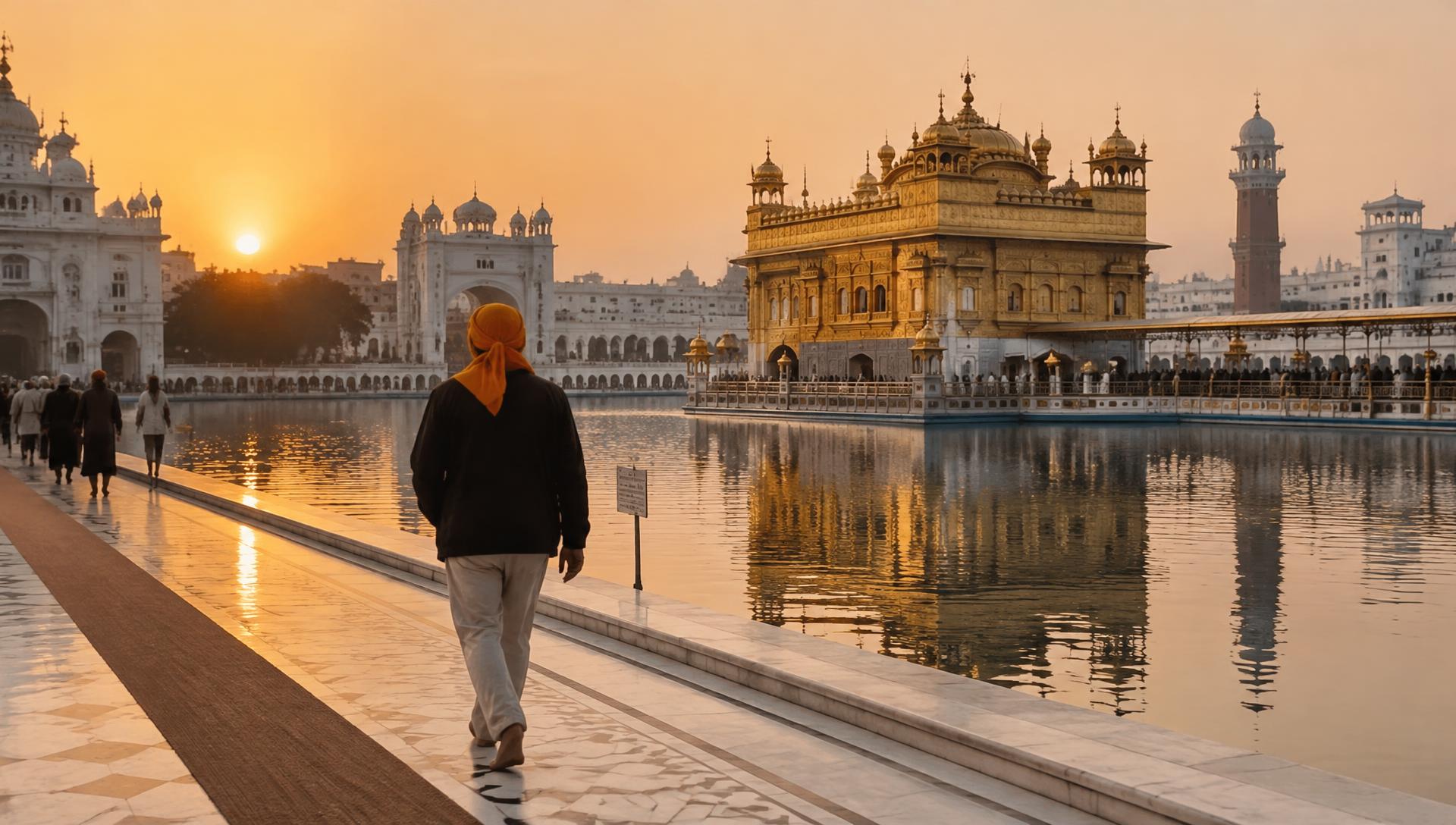 A pilgrim walks the marble parikrama towards the Golden Temple at sunrise